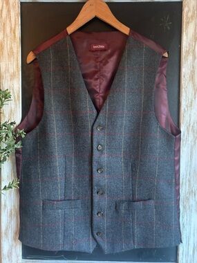Samuel Windsor Wool Gray Plaid Windowpane Vest Sz 42 Tailored Waistcoat Lined